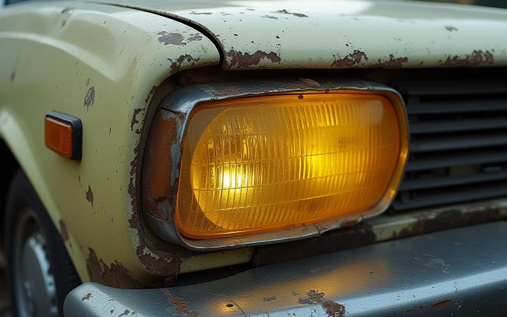 A yellowed, hazy, and oxidized car headlight.