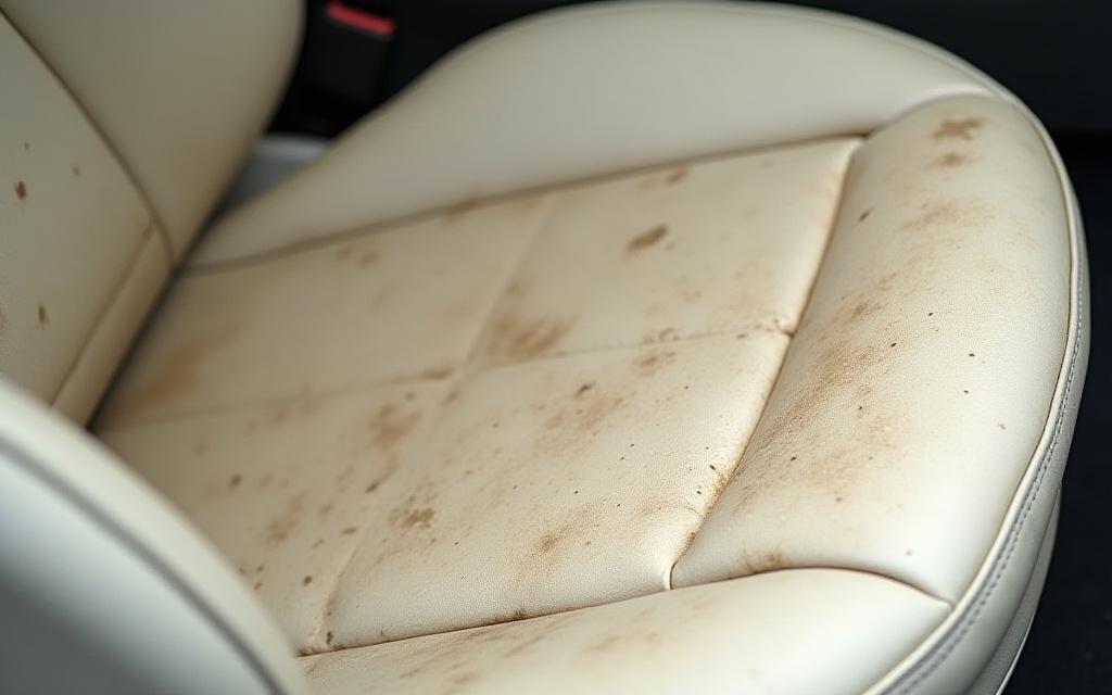 A dirty and stained cream-colored leather car seat.