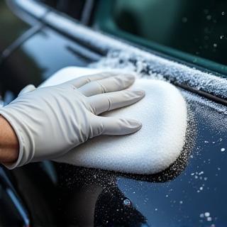 Close-up of a detailer gently washing a car door with thick foam.